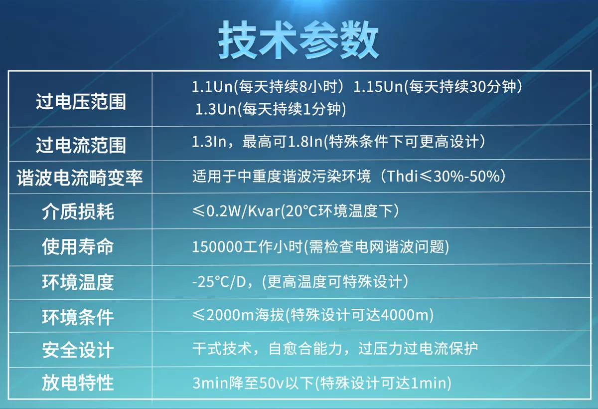 濾波型電容器過電壓、過電流、諧波電流畸變率、介質(zhì)損耗、使用壽命、環(huán)境溫度、環(huán)境條件、安全設(shè)計(jì)、放電特性等參數(shù)