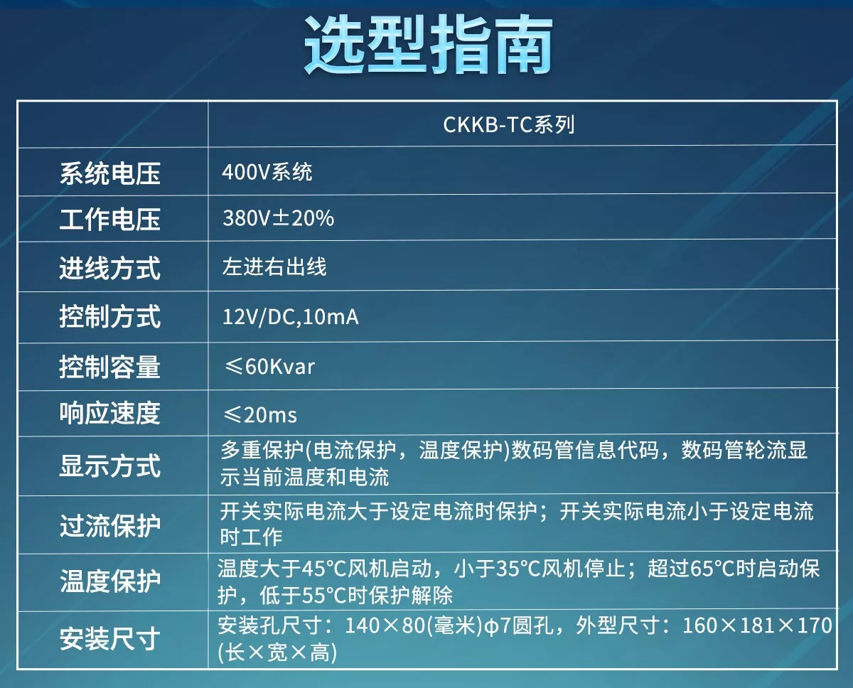 CKKB-TC系列晶閘管開(kāi)關(guān)的選型指南，主要有系統(tǒng)電壓、工作電壓、進(jìn)線方式、控制方式、控制容量、響應(yīng)速度、顯示方式、過(guò)流保護(hù)、溫度保護(hù)、安裝尺寸等