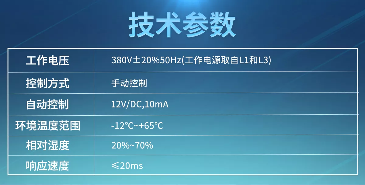 晶闸管开关工作电压380V±20%、控制方式为手动控制，环境温度范围零下12℃至65℃，响应速度≤20ms